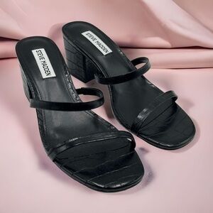 Steve Madden Issy Black Croc Block Heel Slide Sandals NIB